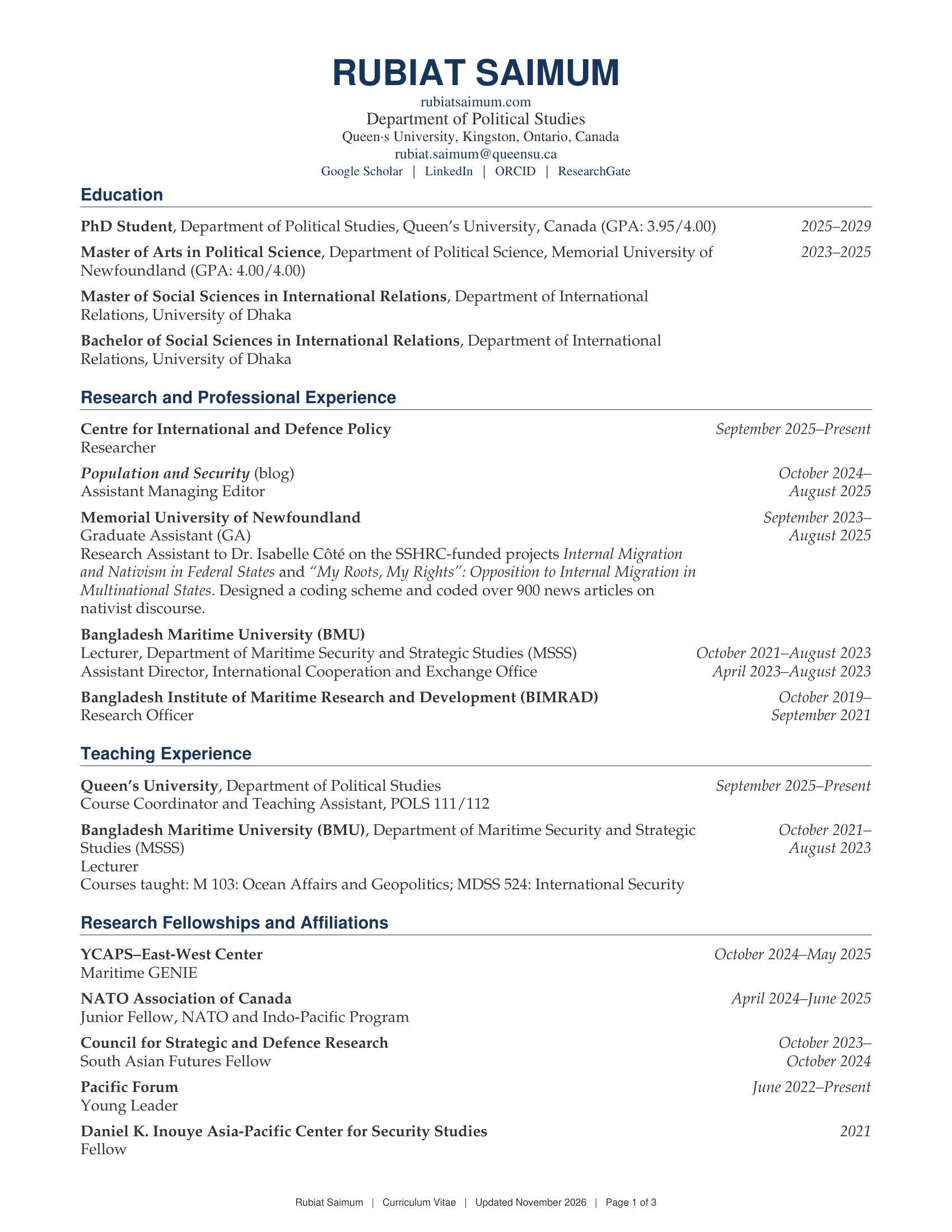 Rubiat Saimum curriculum vitae, page 1